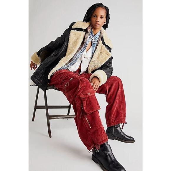 New Free People Last Time Stacked Cargo Cord Pants Size 0 Red - Picture 1 of 9